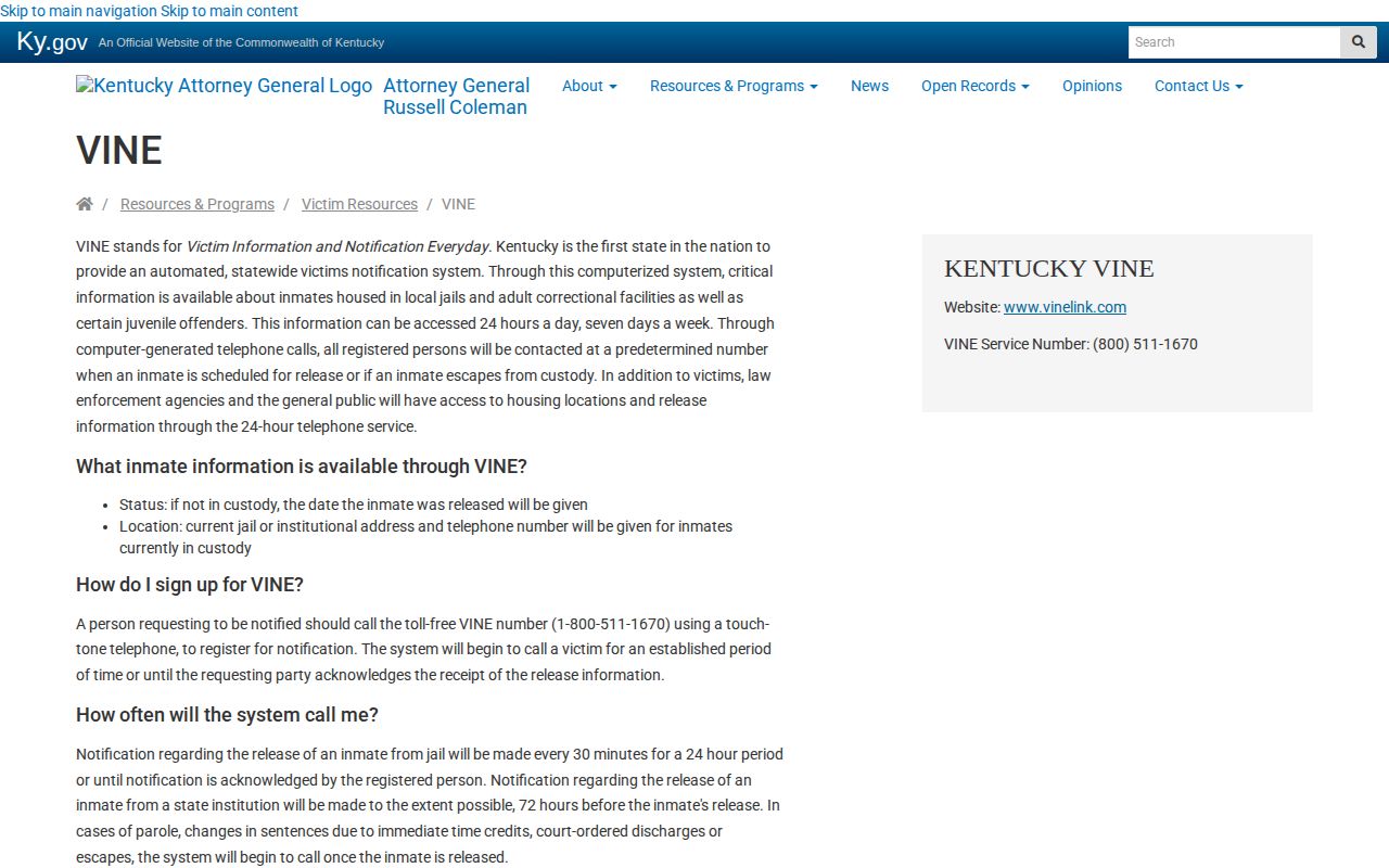 Kentucky VINE released date and PIN notification details for Johnson County